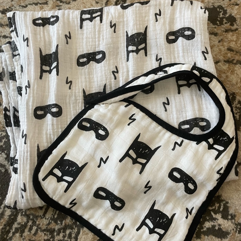 Modern burlap brand Muslin blanket and bib. Batman/super hero theme